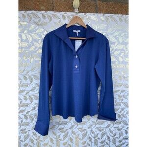 Hinson Wu Leona Sapphire Blue Knit Polo | Quiet Luxury Cotton Modal Blouse M